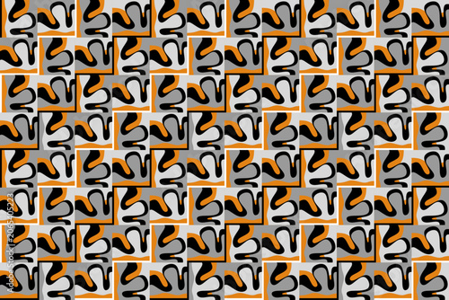 Seamless geometric pattern. Abstract repeating leaf pattern. Diagonal wavy checkerboard style with black and white border lines. Endless flat vector design.