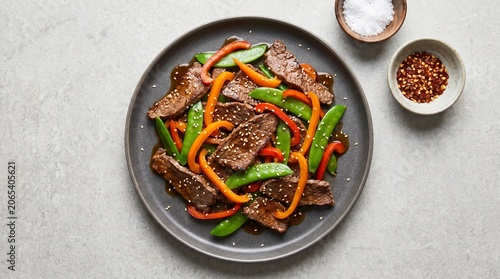 A gray plate holds a colorful beef stir‑fry with thin slices of cooked beef, bright orange and red bell pepper strips, and crisp green snap peas sprinkled with sesame seeds.