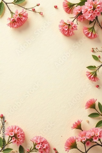 Delicate mimosa branches form a border on a beige floral textured background Spring scene , spring, print