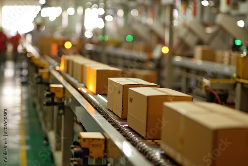 Cardboard boxes are sorting and transporting on conveyor belts in a distribution center
