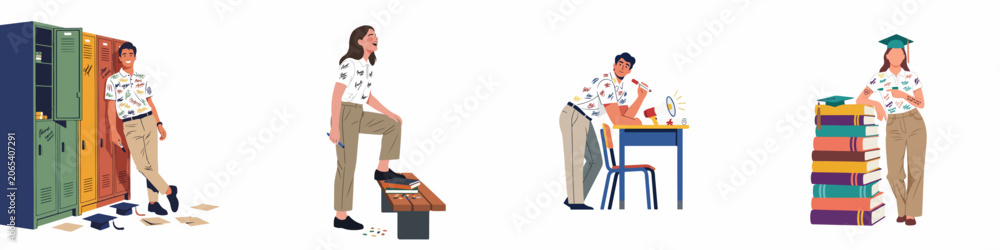 Obraz premium Diverse set of students celebrating graduation day in various school scenes, featuring signed shirts, books, and lockers in a flat illustration style.