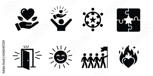 Foto Black icons depicting various symbols of charity community and support