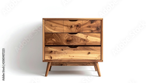 A wooden dresser with three drawers and angled legs on a white background