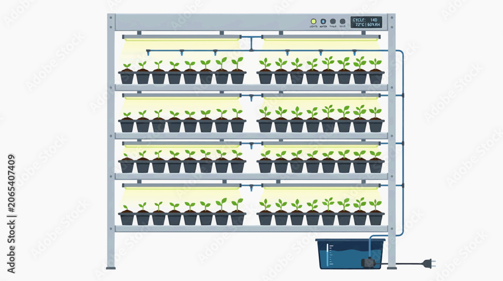 Fototapeta premium Hydroponic Garden Setup: A multi-tiered hydroponic system displays rows of healthy green plants growing in pots under artificial lights, showcasing efficient indoor cultivation.