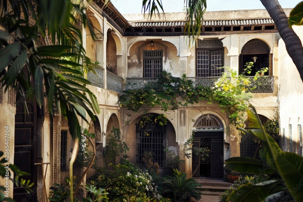 Fototapeta premium Moroccan riad courtyard featuring traditional architecture, archways, and vibrant green plants