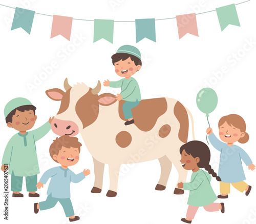 Child with cow Eid al-Adha illustration
