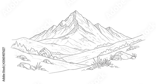 Tableau sur toile Black and white of a mountain range with rolling hills and foreground rocks land