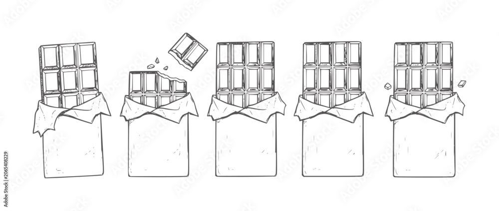 Fototapeta premium Five line chocolate bars in wrappers showing different stages of being eaten food