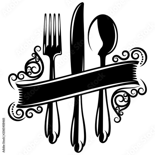 Elegant black and white illustration of a fork, knife, and spoon with an ornate banner for text, suitable for restaurant branding.