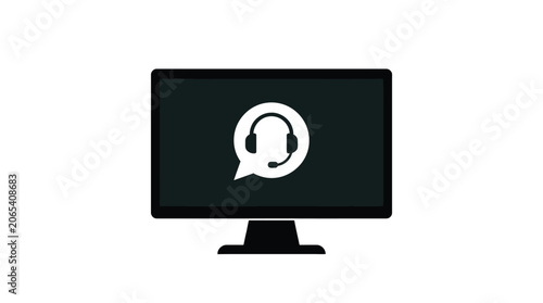 A clean flat black computer monitor displaying a simple white customer service headset icon inside a speech bubble on a isolated plain white studio background