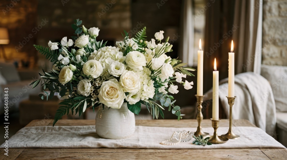Fototapeta premium Elegant white flower arrangement with candles in a cozy setting
