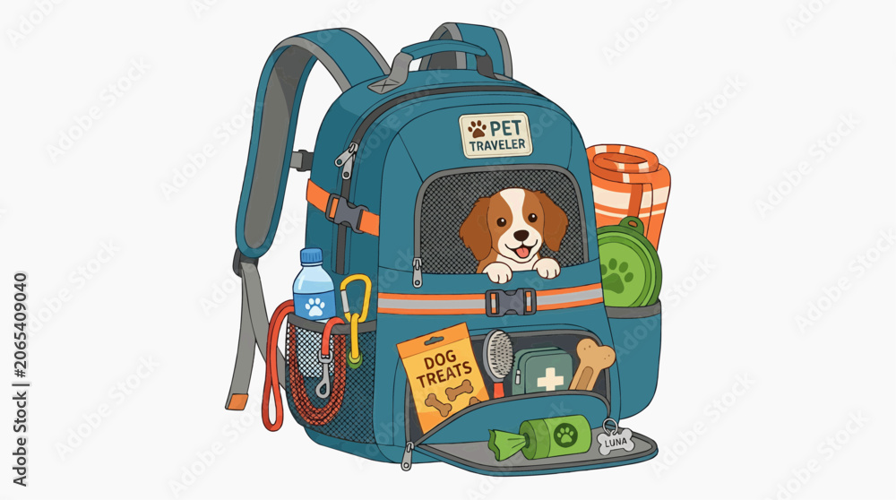 Fototapeta premium Adventure Ready: A canine companion peeks out from a travel backpack fully stocked with essentials for a pet-friendly getaway, ready for exploration.