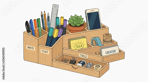 Desk Organizer: A tidy wooden desk organizer brimming with writing tools, stationery, and small office supplies, fostering a sense of order and productivity.