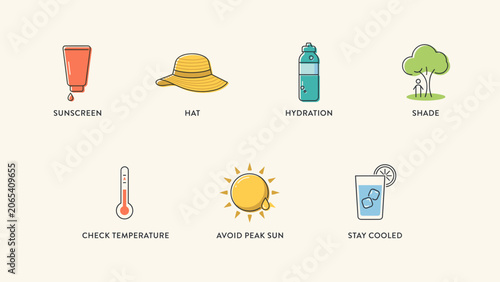 Clean summer heat safety vector icon set – Perfect for occupational safety training, heat wave alerts, or wellness infographics.