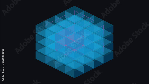 Glowing blue AES cipher scrambling isometric transparent data cube with laser on dark background