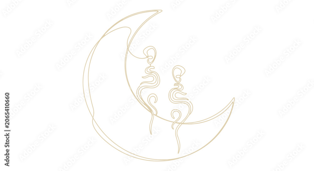 Obraz premium Couple Silhouette on Moon Line Art, Romantic Night Sky, Celestial Love, Minimalist Design