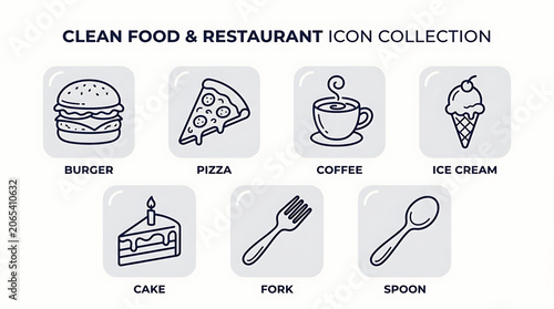 Clean food and restaurant icon collection with burger pizza coffee ice cream cake fork spoon