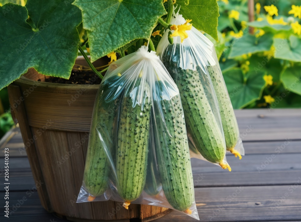 Fototapeta premium Fresh cucumbers grow in plastic bags to protect them from pests. They hang from a plant in a wooden planter. This shows healthy garden produce in summer.