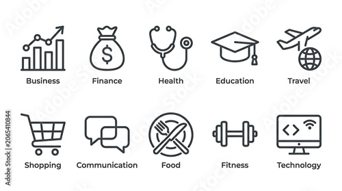 Collection of line icons for business finance health education travel shopping communication food fitness