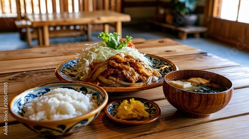 shogayaki teishoku, japanese ginger pork set meal with rice and miso soup