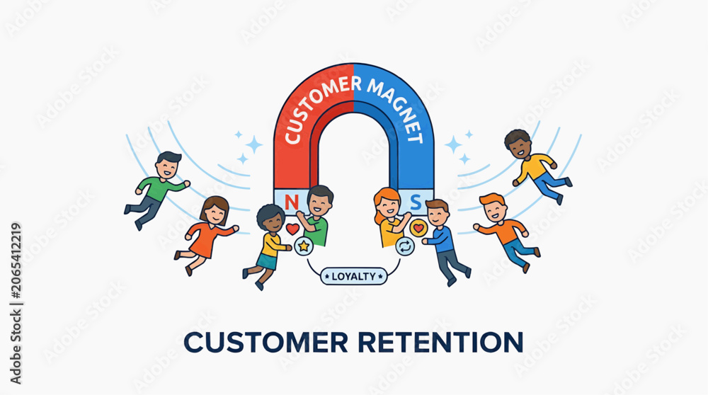 Fototapeta premium Customer Retention Concept: A vivid illustration depicting a large horseshoe magnet labeled Customer Magnet attracting a group of diverse people.
