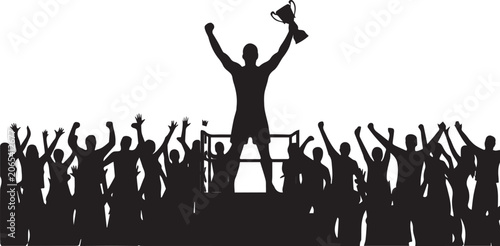 Valokuva Man standing on podium with trophy surrounded by cheering crowd