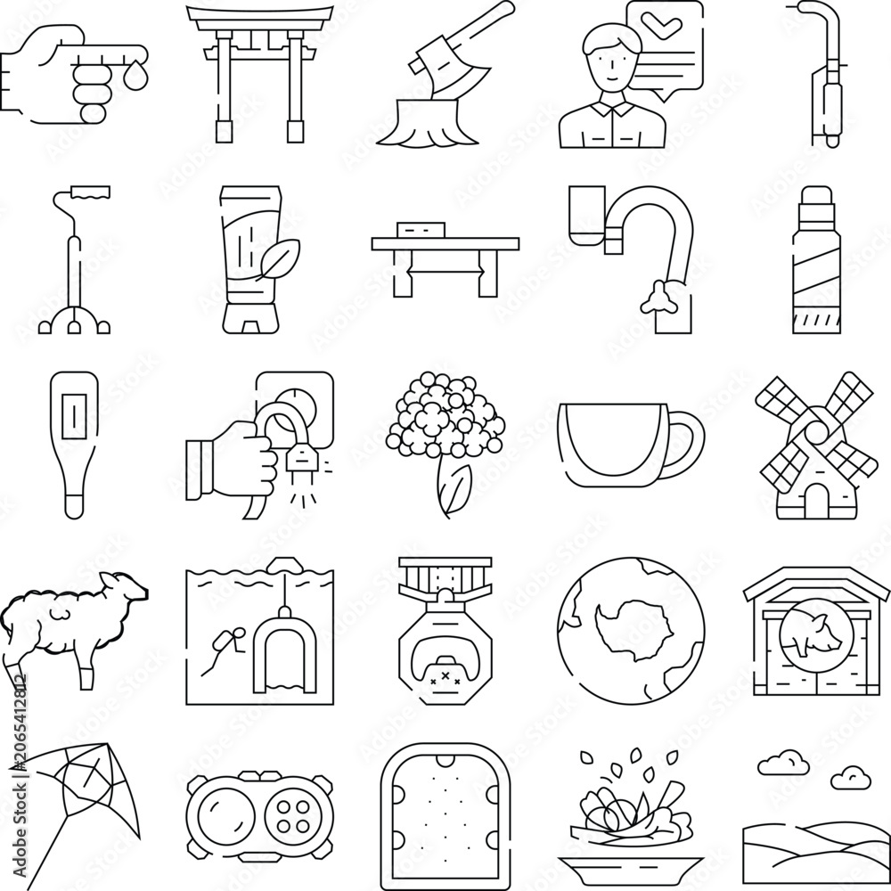 Fototapeta premium Set of line art icons depicting diverse subjects including health, nature, technology, energy, and everyday items, illustrating a broad range of concepts and themes