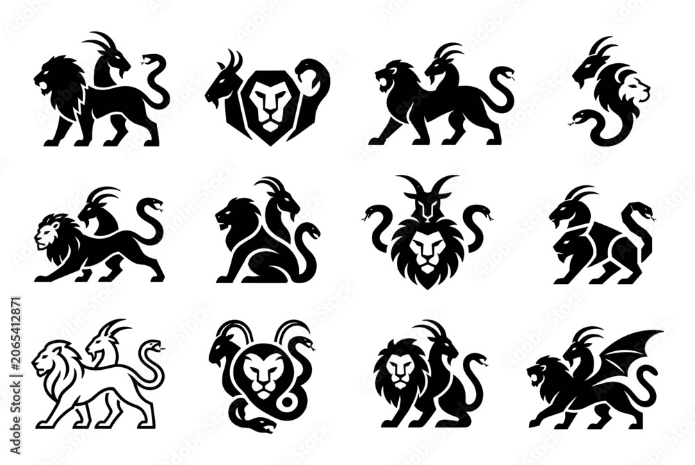 Fototapeta premium Chimera mythological creature vector logo icon set featuring stylized black silhouettes of the legendary beast with lion goat and snake elements for heraldic design