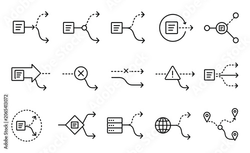 Data routing and redirection line icons set representing network flow, path splitting, decision points, and information distribution processes