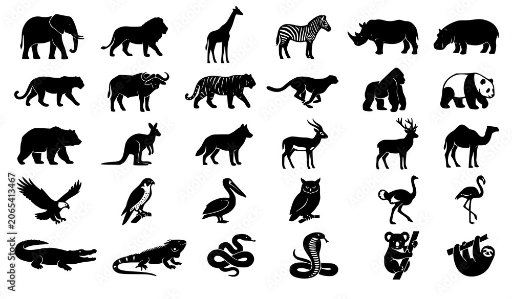 Obraz premium Black Wild Animal Silhouette Icons with Mammals Birds and Reptiles Vector Collection