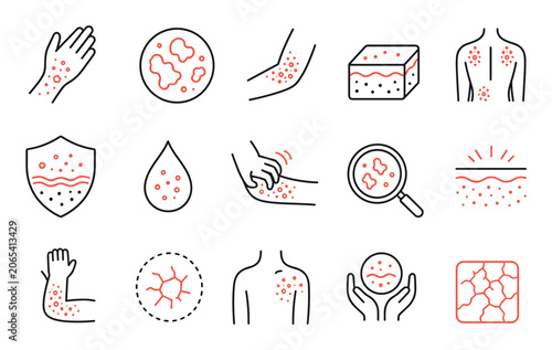 Skin allergy and dermatology line art icons representing symptoms like rash, eczema, psoriasis, dry skin, itching, and inflammation for medical and healthcare concepts