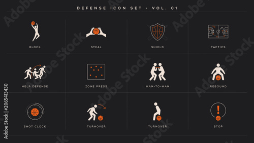 Basketball defense system icon sheet – Perfect for professional coaching boards, playbook assets, or dark-mode apps.