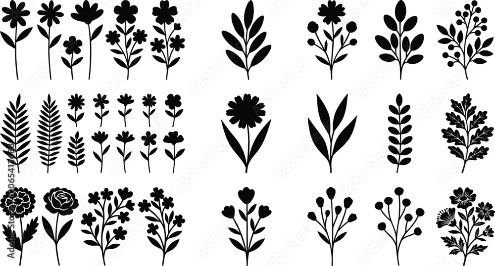 Fototapeta premium Floral Silhouette Icon Set Featuring Wildflowers Daisies Fern Leaves Buds Branches and Botanical Twigs for Decorative Pattern and Wedding Graphic Designs
