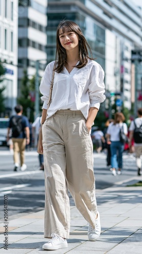 young woman walking on the street, tokyo, japan