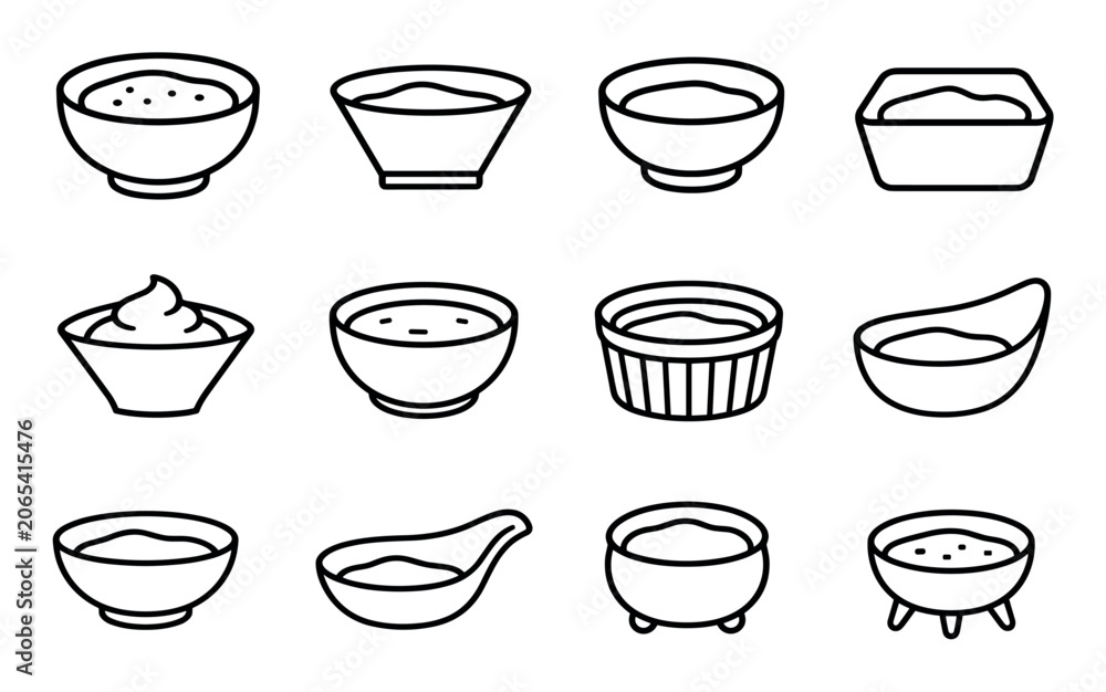 Fototapeta premium Vector line art icons of sauce bowls containing various dips, condiments, dressings, and gravies for restaurant menus and culinary design projects