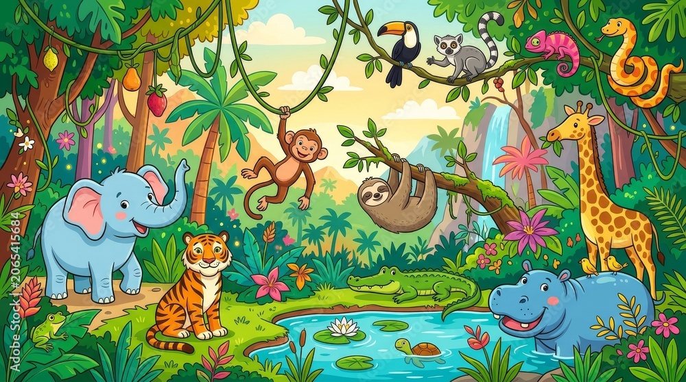 Obraz premium Colorful Jungle Adventure Panorama with Friendly Safari Animals