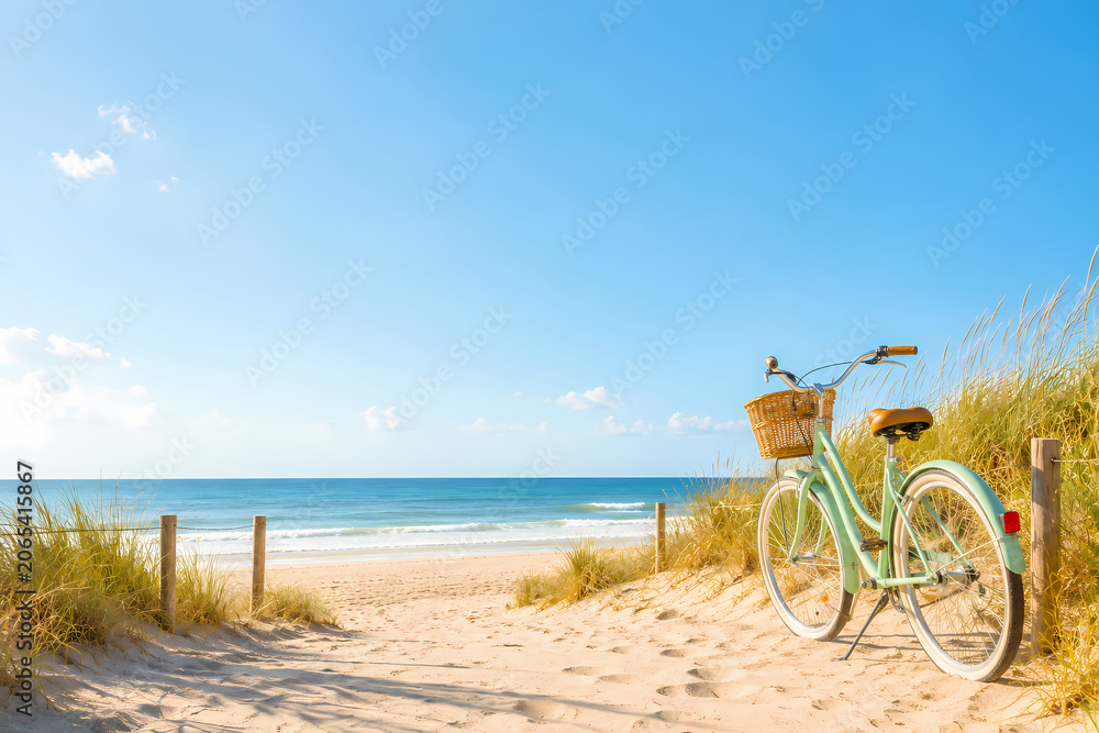 Fototapeta premium Bicycle on the beach path during a sunny day with ocean waves in the background and a clear blue sky