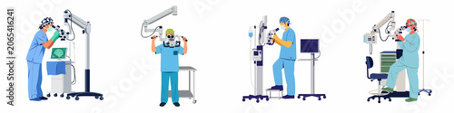 Foto Flat vector illustrations of surgeons utilizing advanced surgical microscopes for high-precision operations in a modern hospital or clinic environment