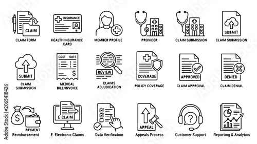 Medical Insurance Claim Process Icons For Healthcare Concepts isolated on a transparent background