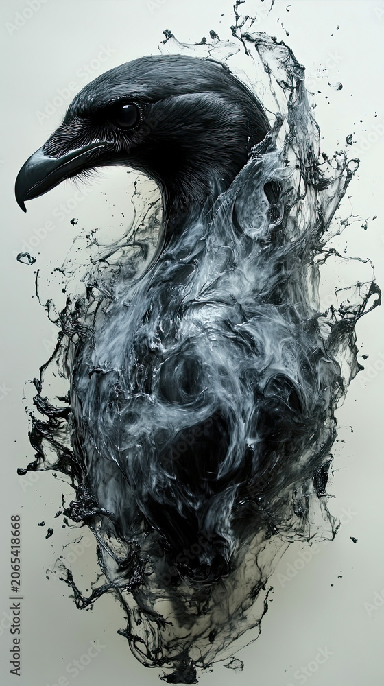Obraz premium Artistic Portrait of Raven Emerging from Swirling Liquid Ink and Ethereal Smoke, Creating Dynamic Abstract Silhouette against Minimalist Light Gray Background
