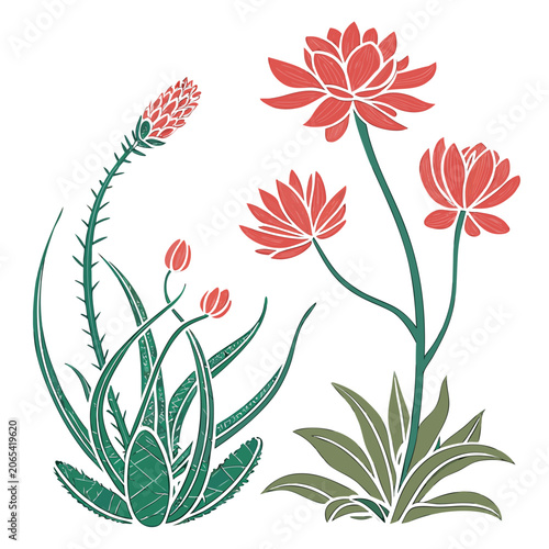 Quadro su tela Red lotus flowers with green leaves and buds on stems short lived illustration g