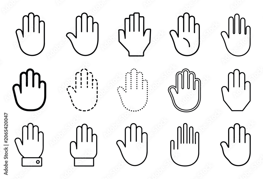 Fototapeta premium Hand outline icons representing stop palm gestures in various minimalist graphic styles for digital interfaces and mobile applications