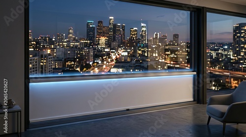 Modern luxury apartment living room with stunning night city skyline view.