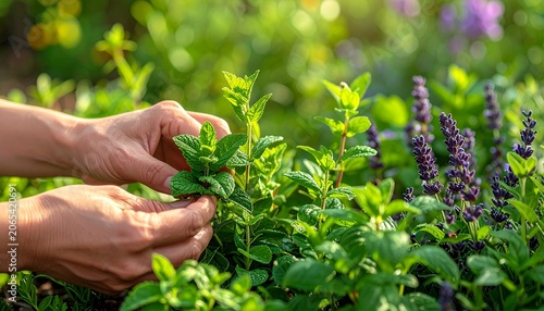 Hand holding fresh green lavender sprigs outdoors.