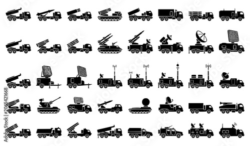 Bild auf Leinwand Military Rocket Launcher and Radar Vehicle Silhouette Icons for Defense and Secu