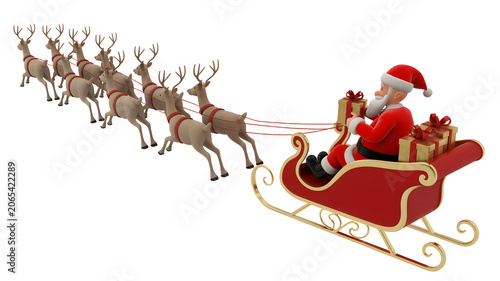 Santa claus riding sleigh pulled by reindeer with gifts on christmas eve night