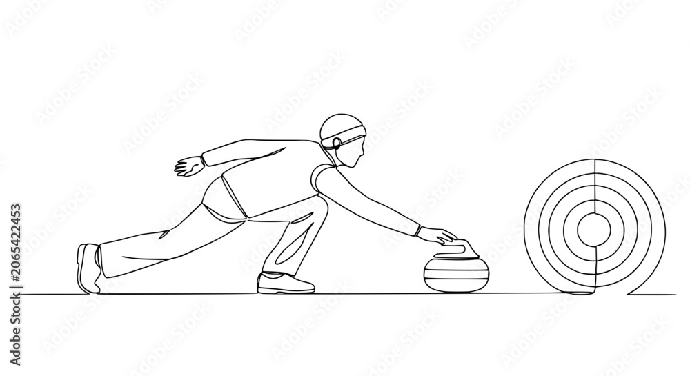 Obraz premium Curling Athlete Sliding Stone Towards Target in Simple Line Art