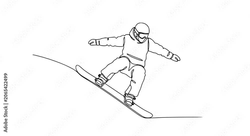 Fototapeta premium Continuous Line Drawing of Snowboarder on Snowy Slope, Winter Sport Action