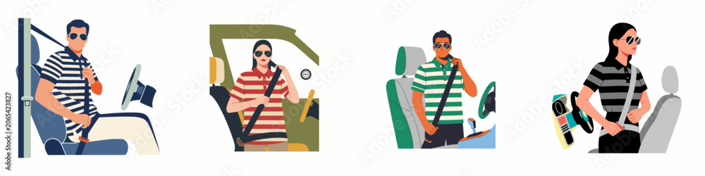 Fototapeta premium Set of flat illustrations showing diverse drivers and passengers fastening their seatbelts in a car, emphasizing road safety and security.
