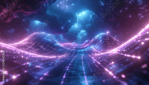 Vibrant neon light trails in space.